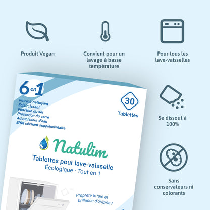 Bénéfices des tablettes lave-vaisselle Natulim : 6-en-1, sans plastique, effet séchage