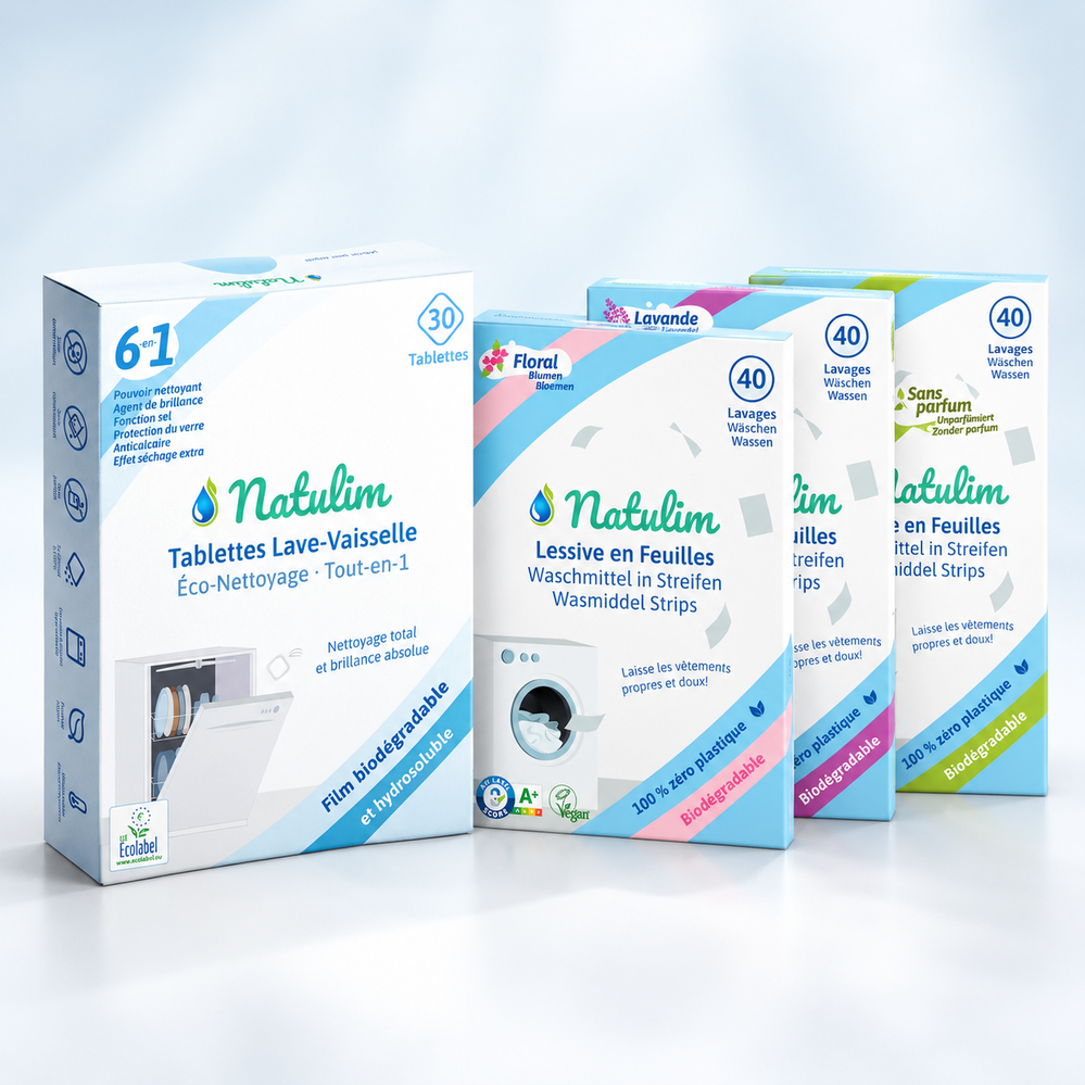 Les 60 tablettes lave-vaisselle et la boîte d'éco-feuilles de lessive côte à côte