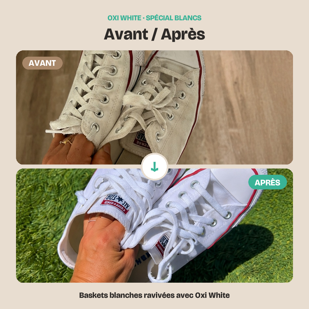 Avant / Après — baskets blanches ravivées avec Oxi White